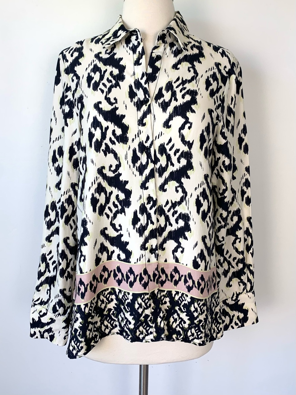 NWT Zara Baroque Print Blouse Black Cream Pink Button Up Small